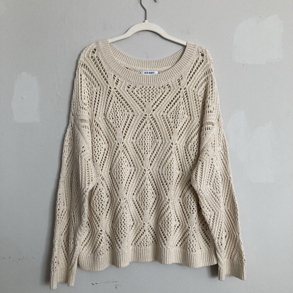 Old Navy Open Knit Sweater XL Beige Ecru Cotton Blend Long Sleeve Boho Beach